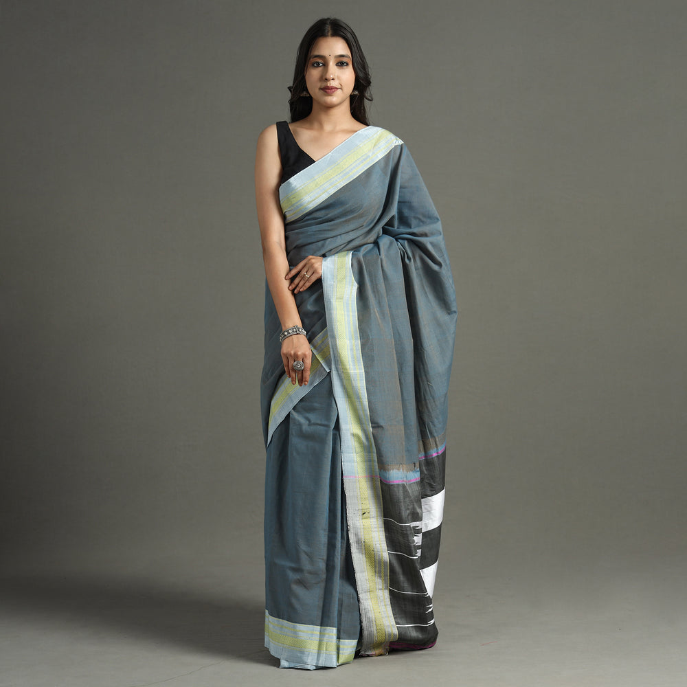 Grey - Ilkal Handloom Cotton Saree With Chikki Paras Border 09