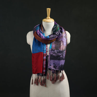 Pure Silk Reversible Patchwork Stole with Tassels 43