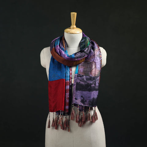 Pure Silk Reversible Patchwork Stole with Tassels 43