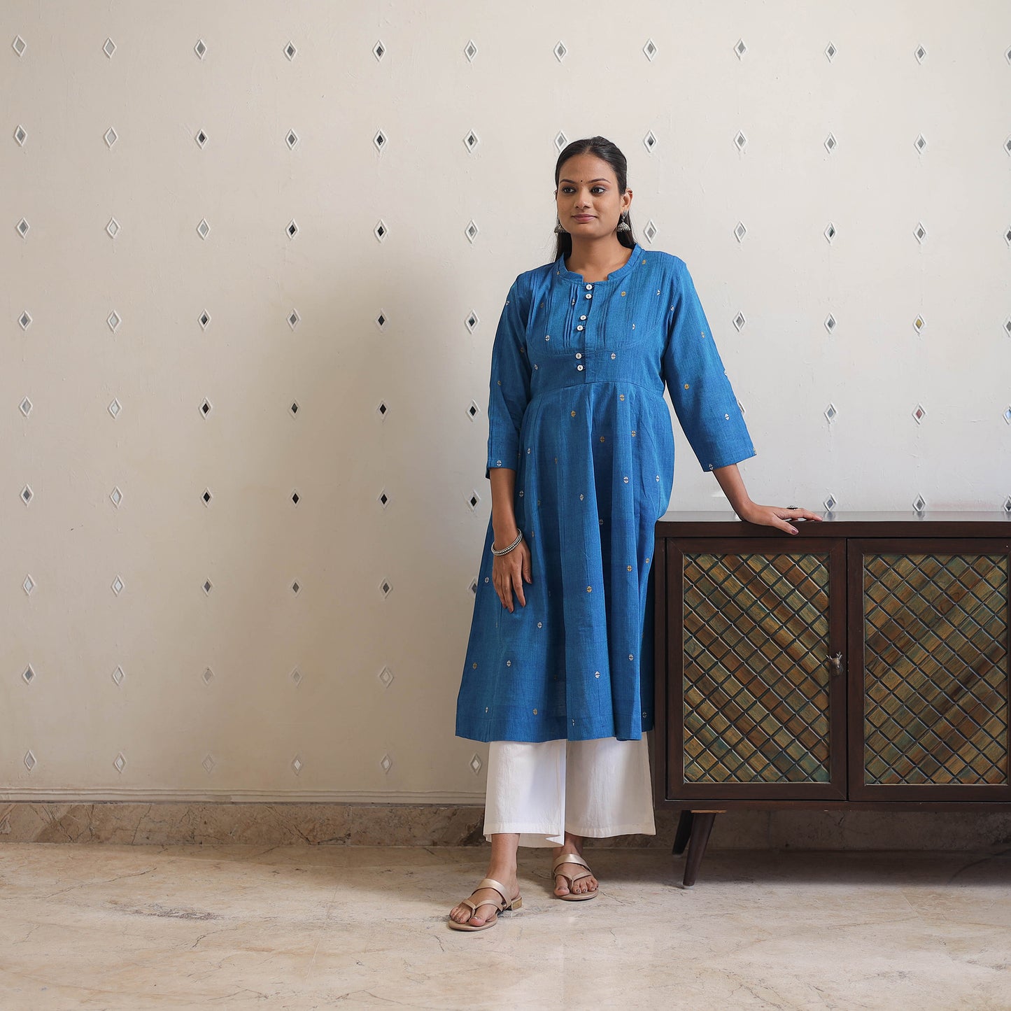 Blue - Handwoven Cotton Anarkali Jamdani Kurta 16