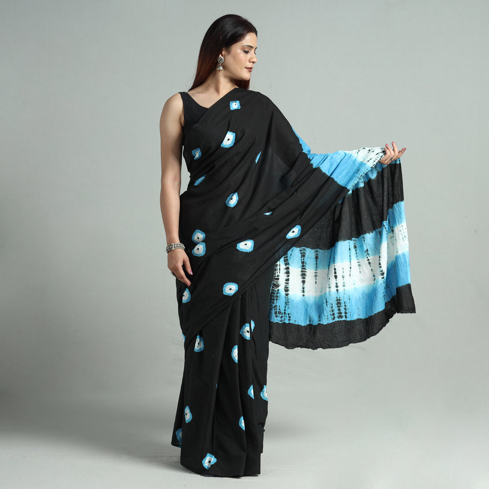 Black - Shibori Tie-Dye Cotton Saree with Blouse Piece 17