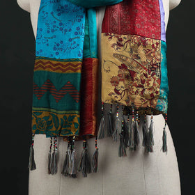 Pure Silk Reversible Patchwork Stole with Tassels 44