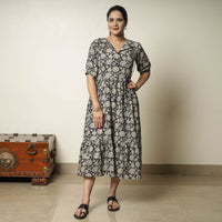 Black - Bagru Block Printed Cotton Tiered Dress 11