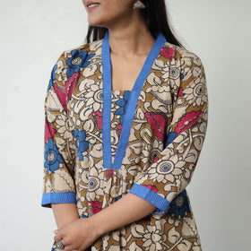 Brown - Printed Cotton Flared Kalamkari Kurta with Patchwork 05