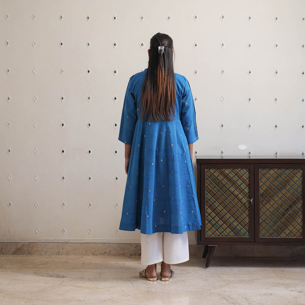 Blue - Handwoven Cotton Anarkali Jamdani Kurta 16