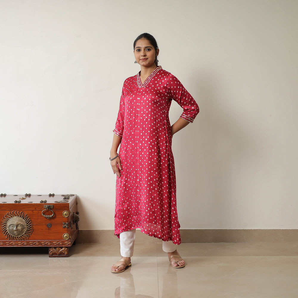 Pink - Tie & dye Modal Silk A-Line Bandhani Kurta 13