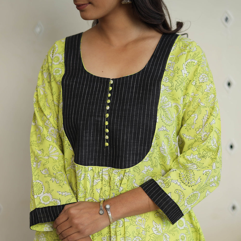 Green - Sanganeri Block Printed Cotton A-Line Kurta 03