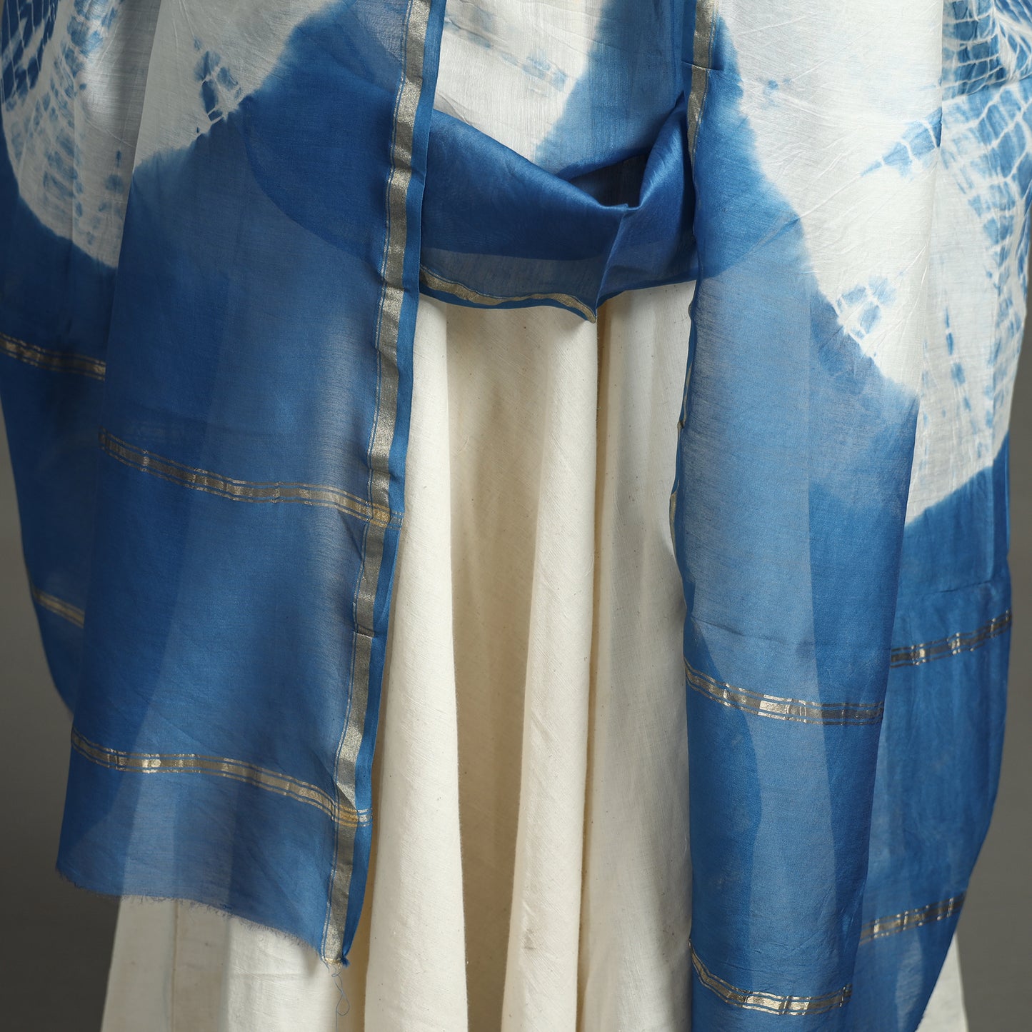 Blue -Shibori Tie-Dye Handloom Chanderi Silk Dupatta with Zari Border 40