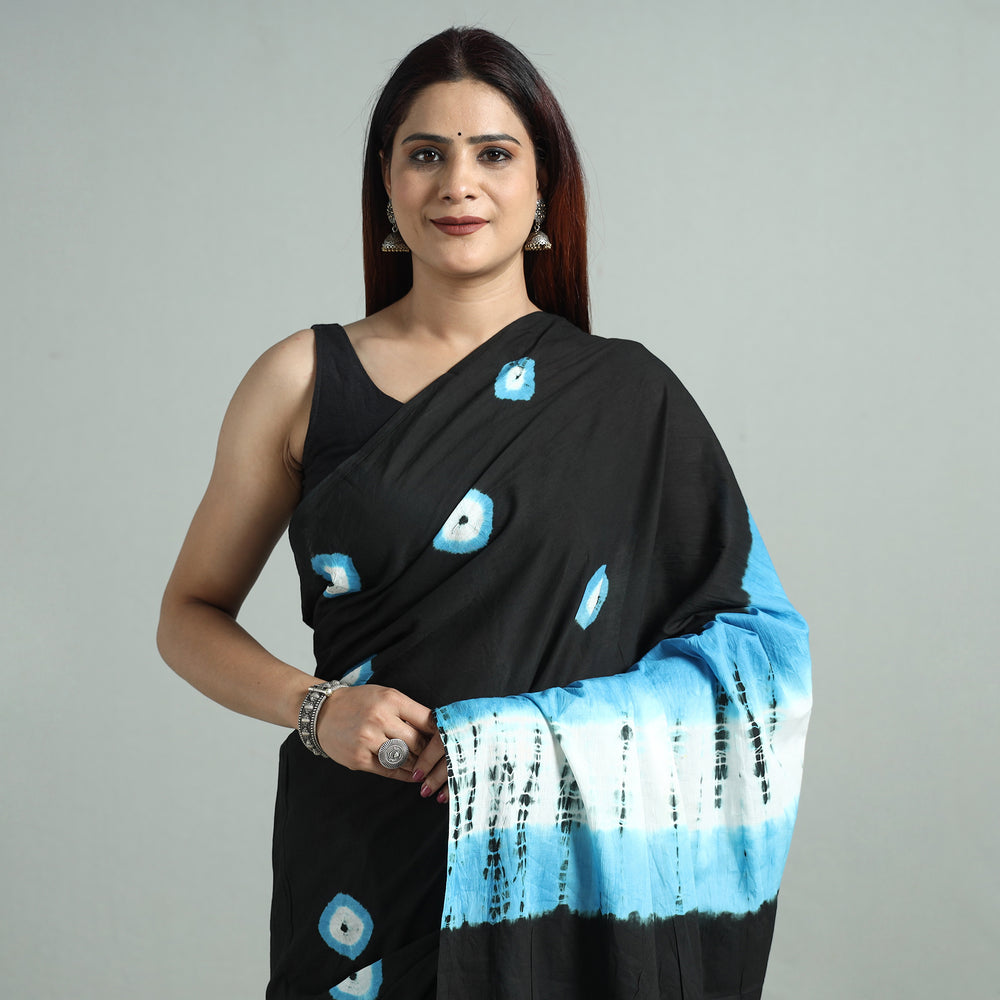 Black - Shibori Tie-Dye Cotton Saree with Blouse Piece 17