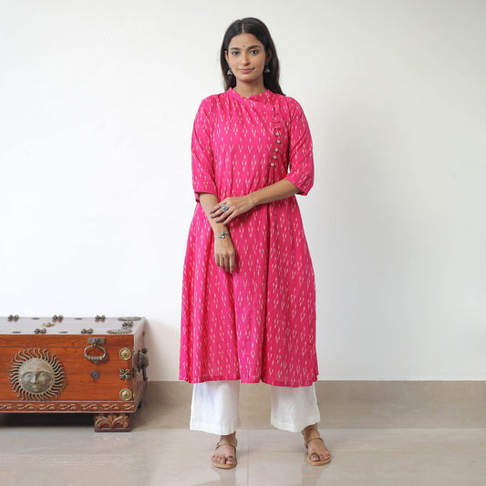 Pink - Mercerised Cotton Pochampally Ikat Kurta (A-Line) 03