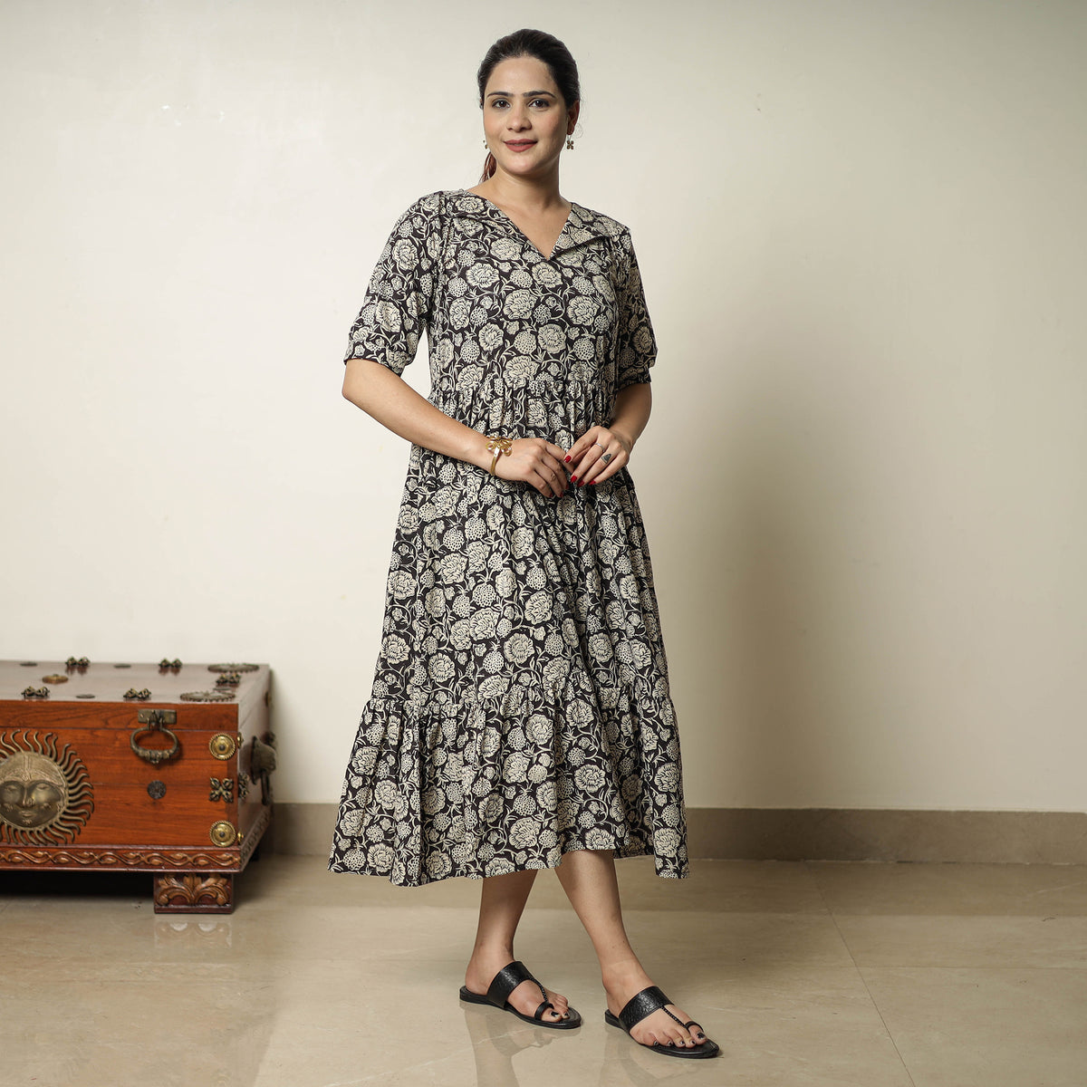 Black - Bagru Block Printed Cotton Tiered Dress 11