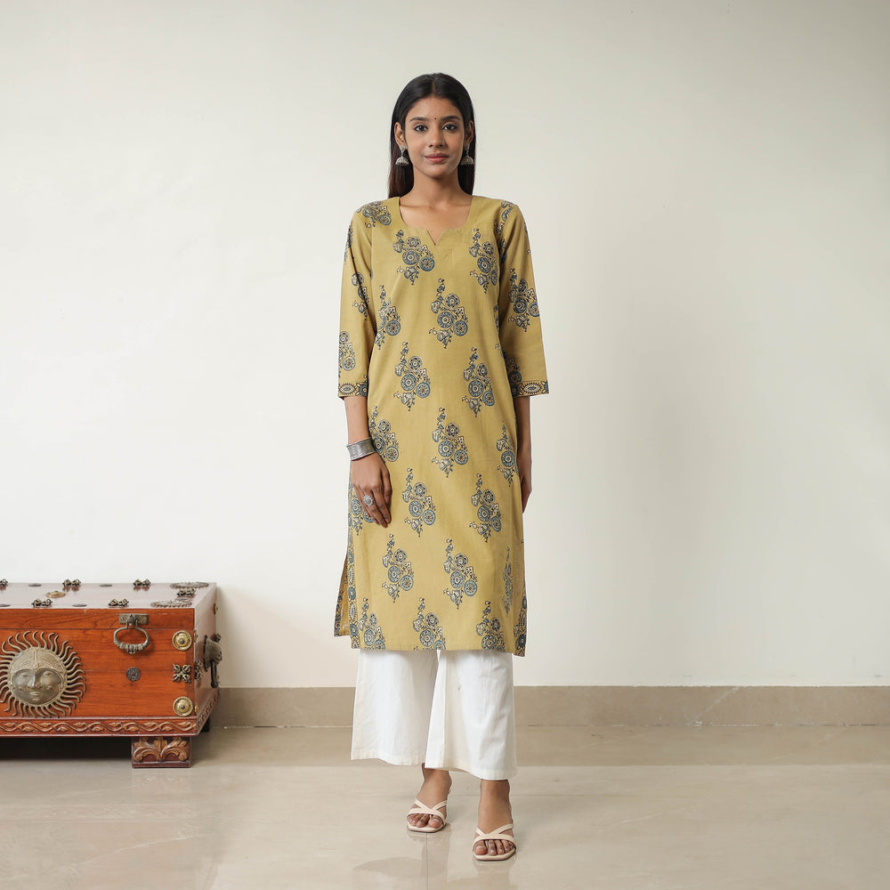 Yellow - Block Printed Cotton Straight Ajrakh Kurta 11