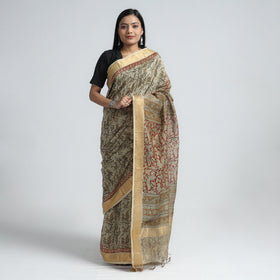 Beige Original Pedana Kalamkari Block Print Chanderi Silk Saree