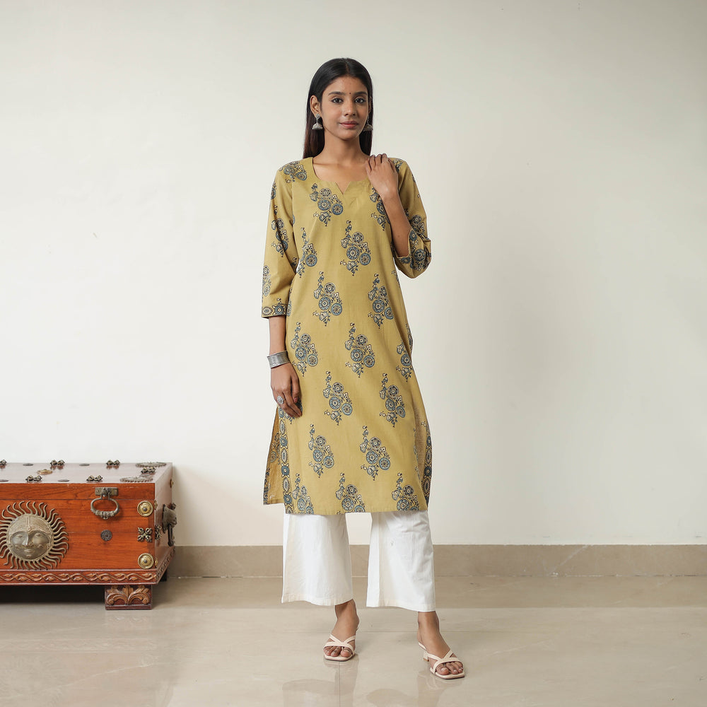 Yellow - Block Printed Cotton Straight Ajrakh Kurta 11