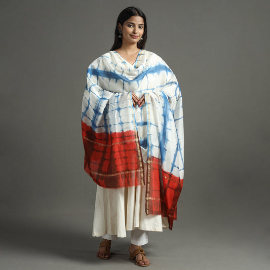 Blue - Shibori Tie-Dye Handloom Chanderi Silk Dupatta with Zari Border 41