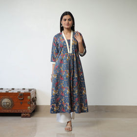 Blue - Printed Cotton Flared Kalamkari Kurta with Patchwork 01