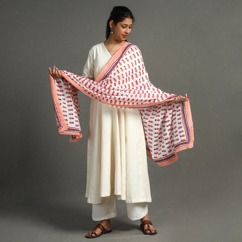 Orange - Sanganeri Block Printed Cotton Dupatta/Wrap Sarong Pareo/Beach Wear 82