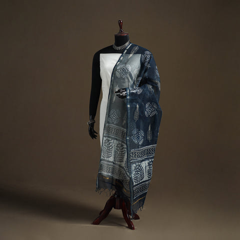 Blue - Pipad Hand Block Print Natural Dyed Kota Doria Cotton Dupatta 23