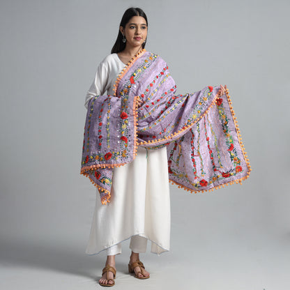 Purple - Ranihati Chanderi Silk Chapa Work Phulkari Embroidered Dupatta with Pom Pom 63