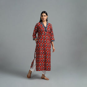Buy Red Block Printed Cotton Straight Bagru Kurta