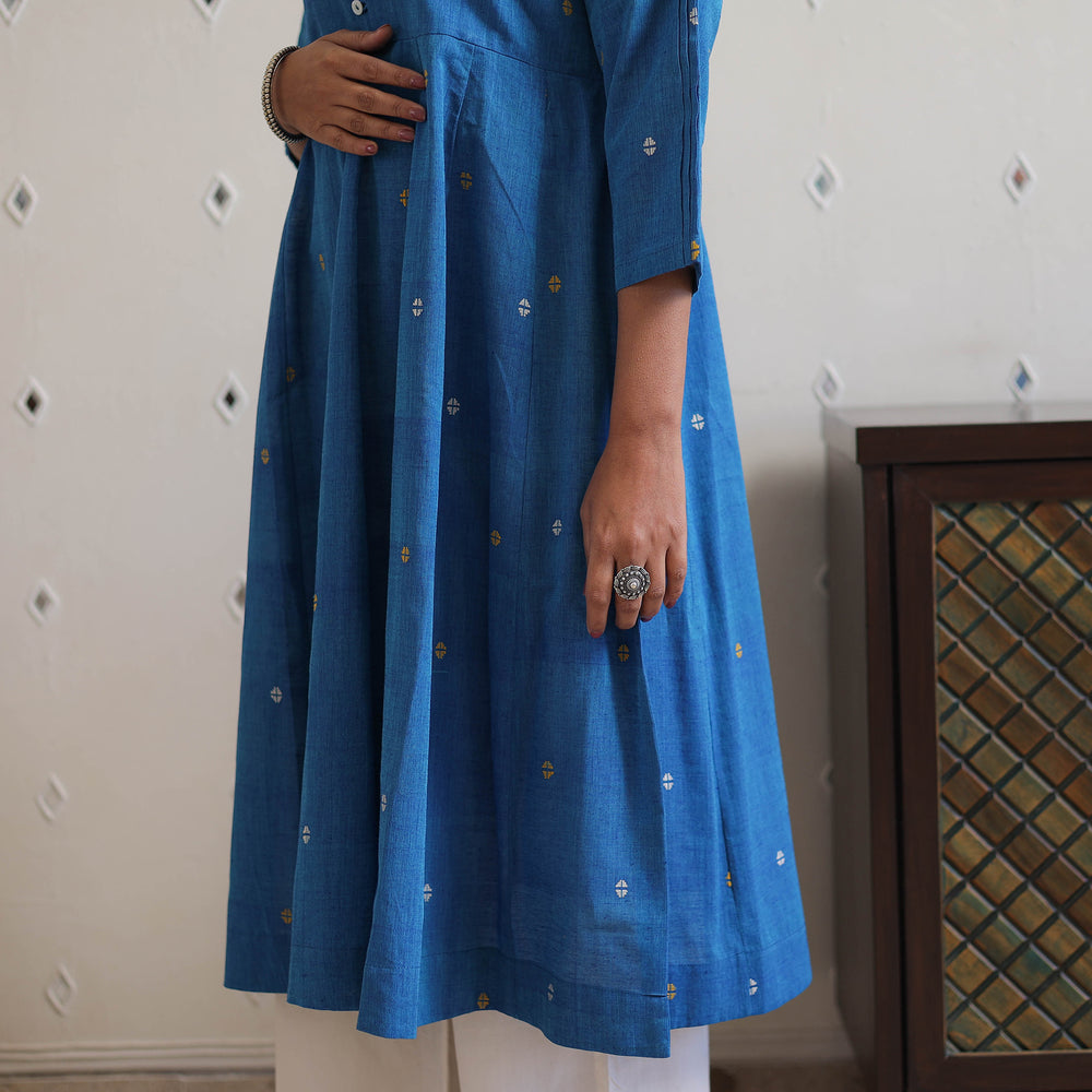 Blue - Handwoven Cotton Anarkali Jamdani Kurta 16