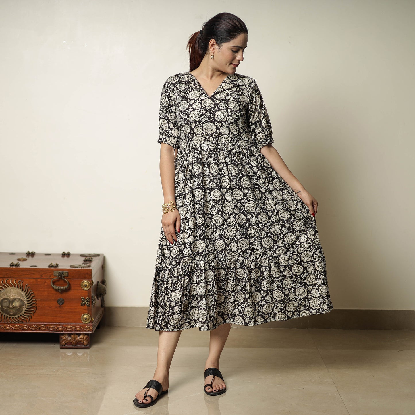 Black - Bagru Block Printed Cotton Tiered Dress 11