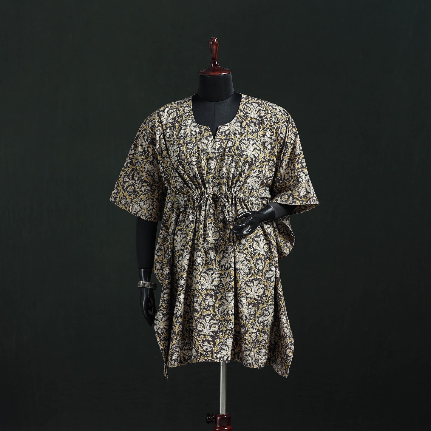 Beige - Kalamkari Hand Block Print Natural Dyed Cotton Kaftan (Medium) 10