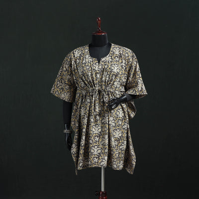 Beige - Kalamkari Hand Block Print Natural Dyed Cotton Kaftan (Medium) 10