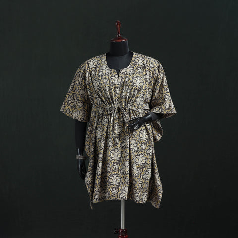 Beige - Kalamkari Hand Block Print Natural Dyed Cotton Kaftan (Medium) 10