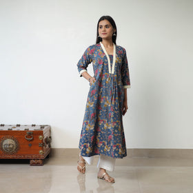 Blue - Printed Cotton Flared Kalamkari Kurta with Patchwork 01