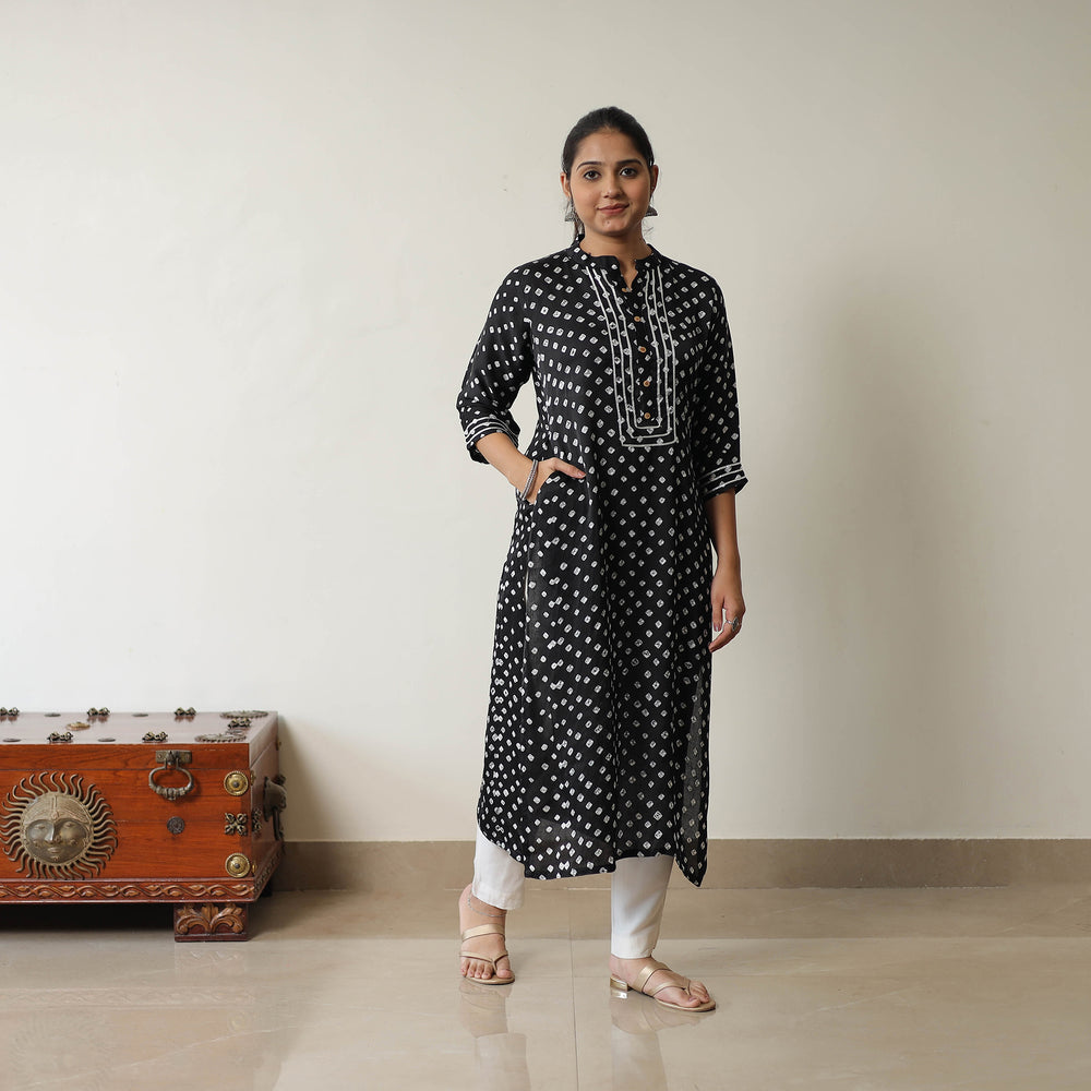 Black - Tie & dye Modal Silk Straight Bandhani Kurta 03