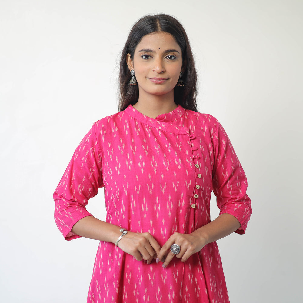 Pink - Mercerised Cotton Pochampally Ikat Kurta (A-Line) 03