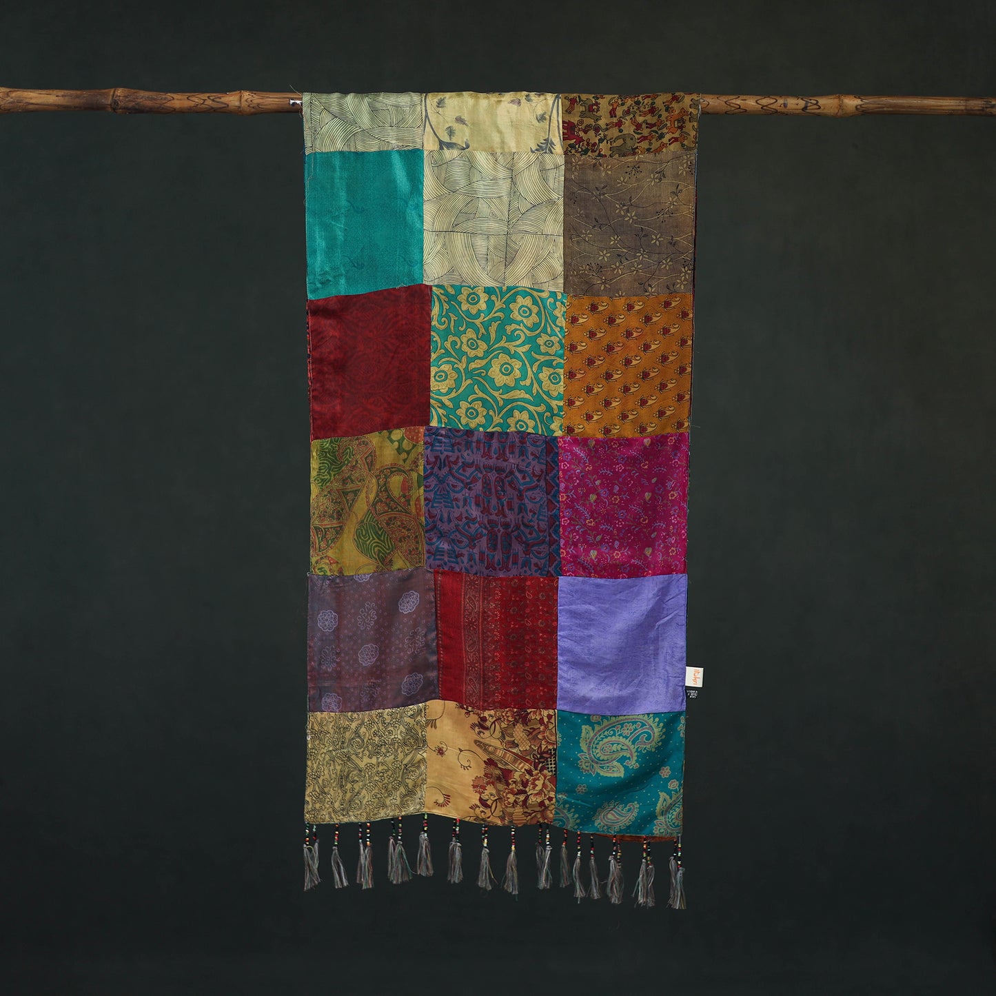Pure Silk Reversible Patchwork Stole with Tassels 44