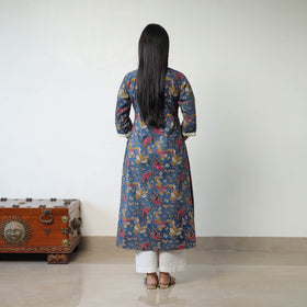 Blue - Printed Cotton Flared Kalamkari Kurta with Patchwork 01