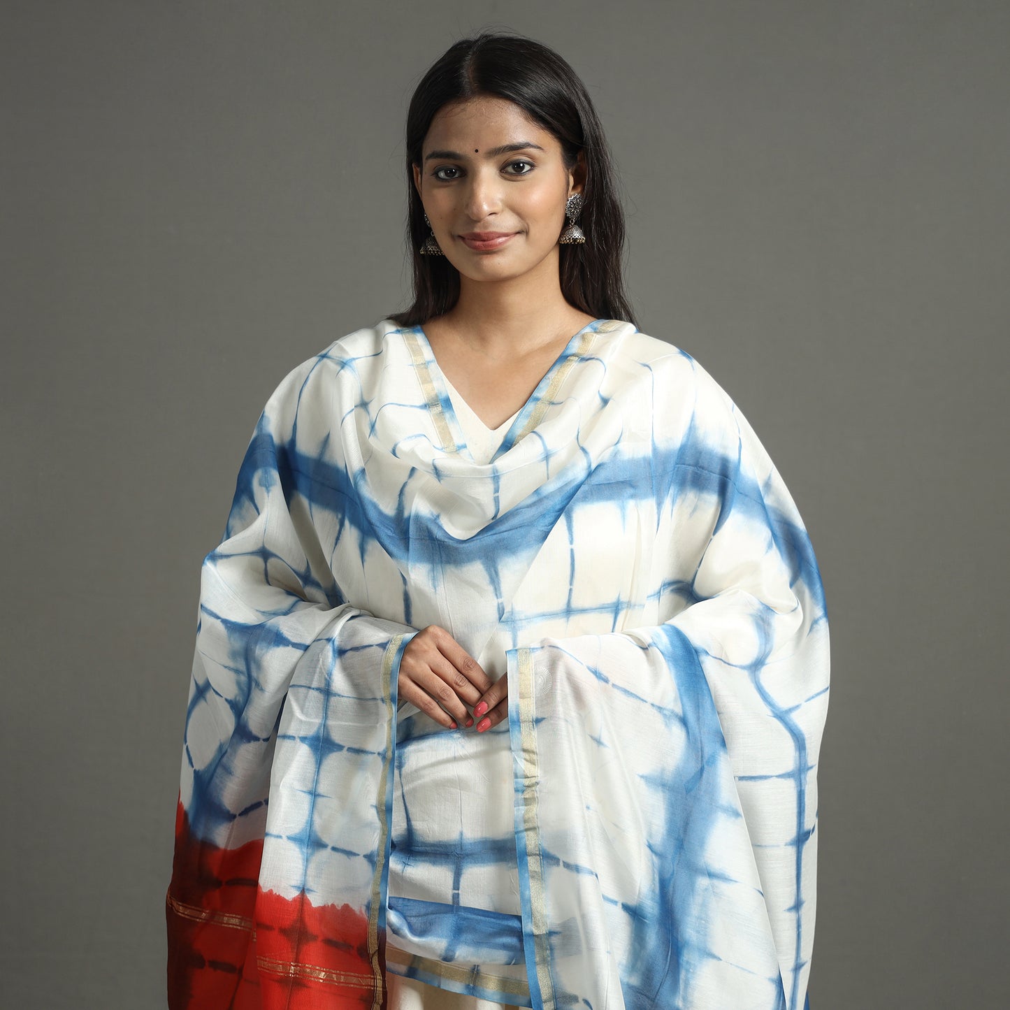 Blue - Shibori Tie-Dye Handloom Chanderi Silk Dupatta with Zari Border 41