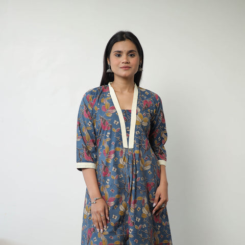 Blue - Printed Cotton Flared Kalamkari Kurta with Patchwork 01