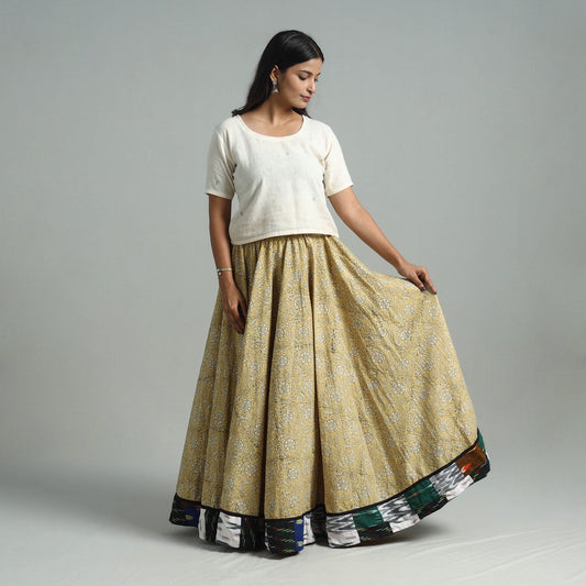 Yellow - Hand Block Printed Cotton Long Kalamkari Skirt 10