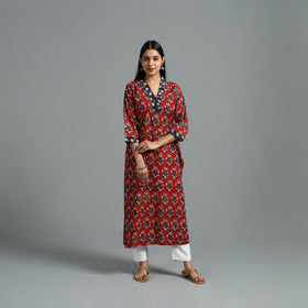 Buy Red Block Printed Cotton Straight Bagru Kurta