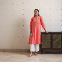 Peach - Handwoven Checks Cotton A-Line Jamdani Kurta 24