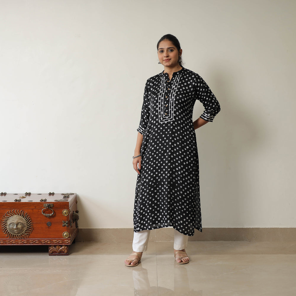 Black - Tie & dye Modal Silk Straight Bandhani Kurta 03