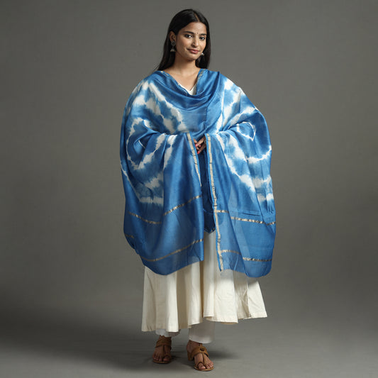 Blue - Shibori Tie-Dye Handloom Chanderi Silk Dupatta with Zari Border 42