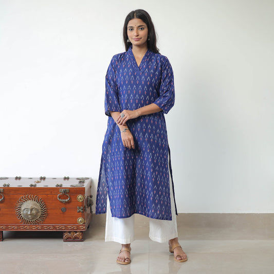 Blue - Mercerised Cotton Pochampally Ikat Kurta (Straight) 15