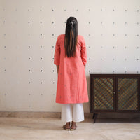 Peach - Handwoven Checks Cotton A-Line Jamdani Kurta 24