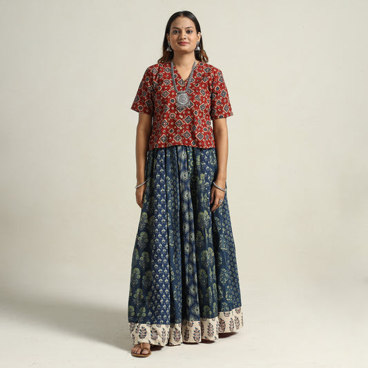 Ajrakh Block Printed 24 Kali Patchwork Cotton Long Skirt 32