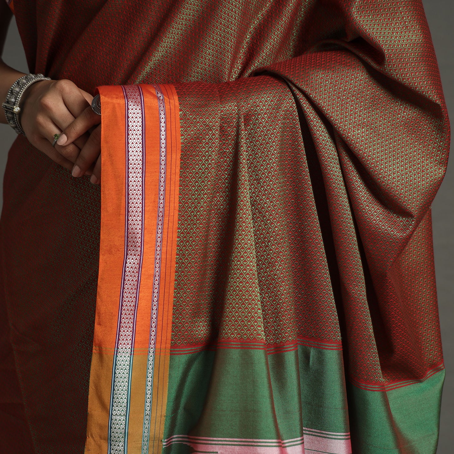 Brown - Ilkal Khun Silk Cotton Saree with Resham Border 17