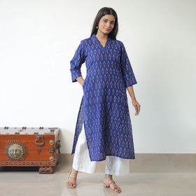 Blue - Mercerised Cotton Pochampally Ikat Kurta (Straight) 15