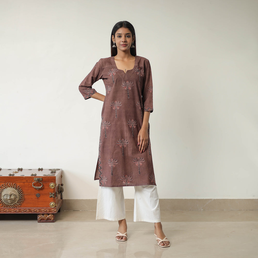 Brown - Block Printed Cotton Straight Ajrakh Kurta 12