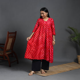 Red - Chanderi Silk Tie-Dye Flared Leheriya Kurta 12