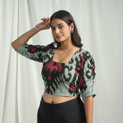 Grey - Handloom Cotton Central Asian Pochampally Ikat Crop Top 07