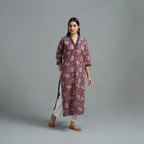 Buy Purple Block Printed Cotton Straight Bagru Kurta for Women